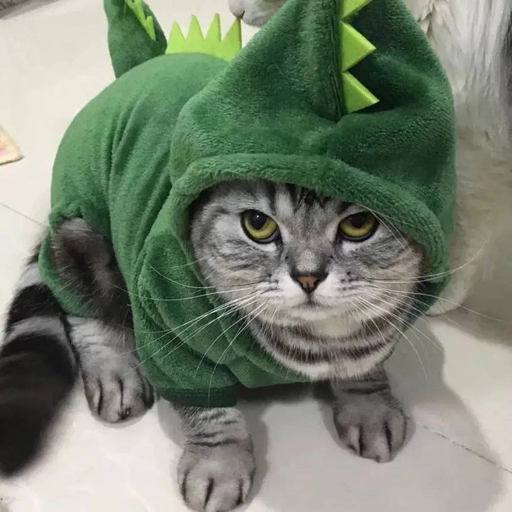 Dinosaur Dog Cat Hoodie Small Dog & Cat Winter Clothes Green Dinosaur Pet Soft Jumpsuit Cute Christmas Halloween Kitten Costume