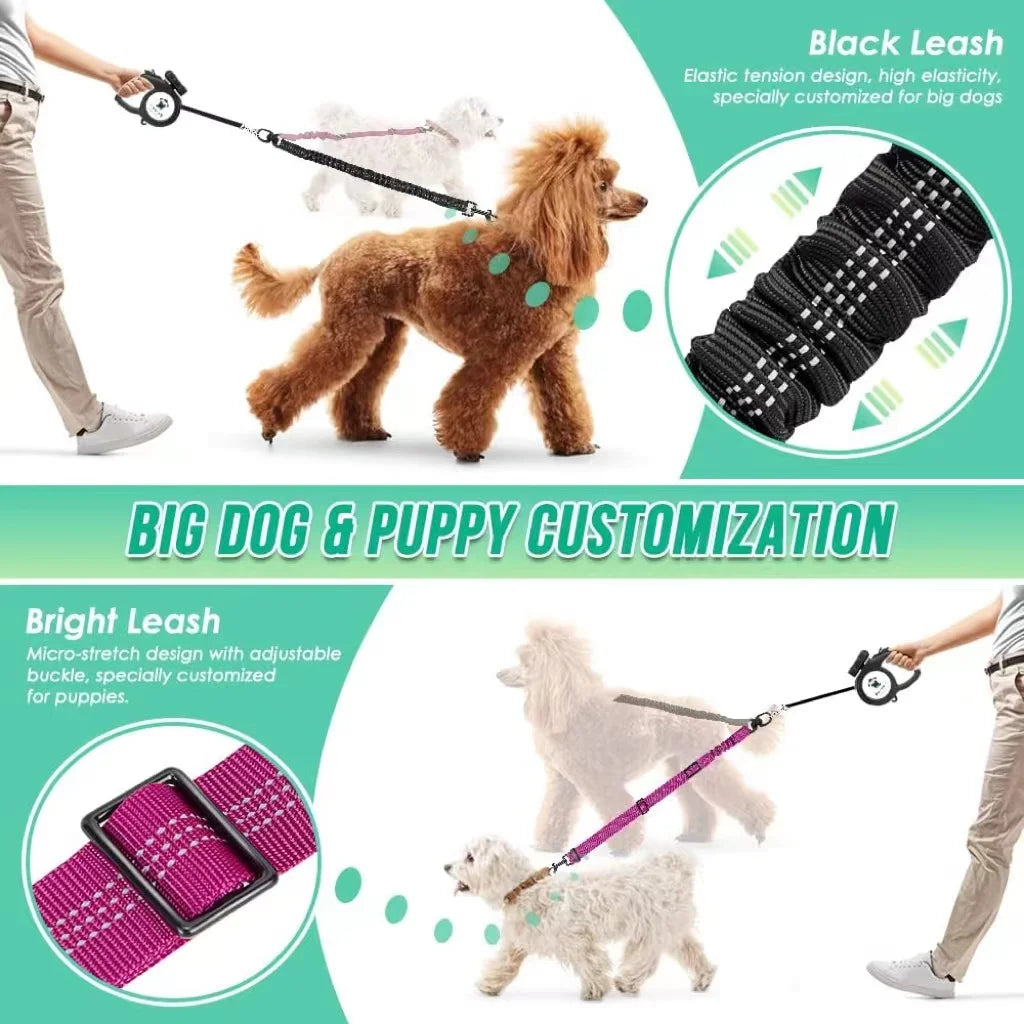 Double Dog Leash, No Tangle 360° Swivel Rotation Reflective Lead Attachment Bungee Extension Length Dual Two Dog Lead Splitter,