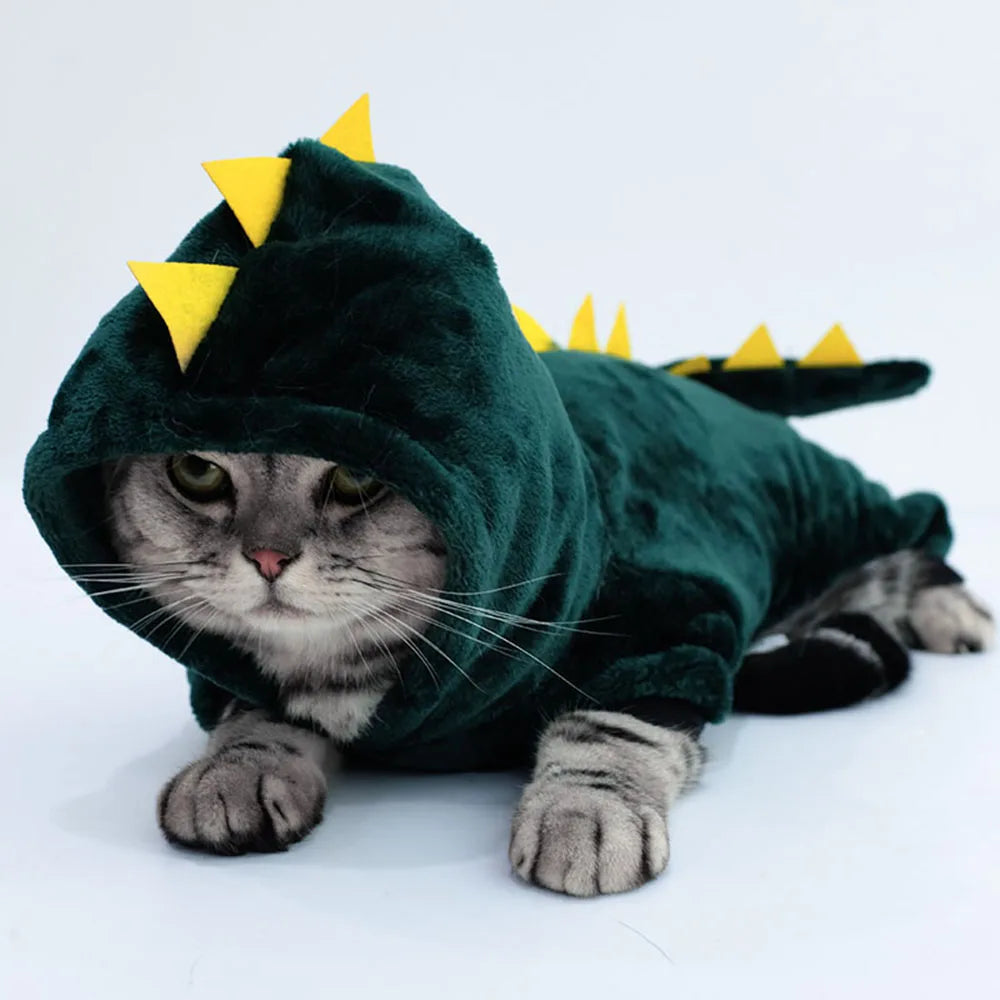 Dinosaur Dog Cat Hoodie Small Dog & Cat Winter Clothes Green Dinosaur Pet Soft Jumpsuit Cute Christmas Halloween Kitten Costume