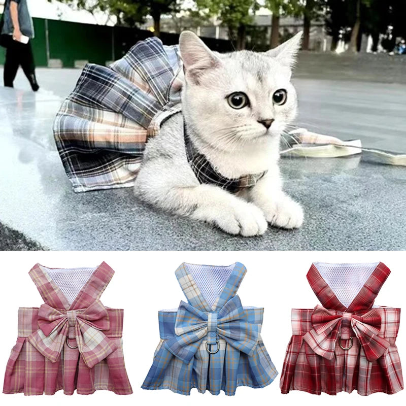 Sweet Plaid Sphynx Cat Dress Vest with Harness Leash Outdoor Pet Clothes for Cats Gotas Skirts Katten Kleding vestidos perrita