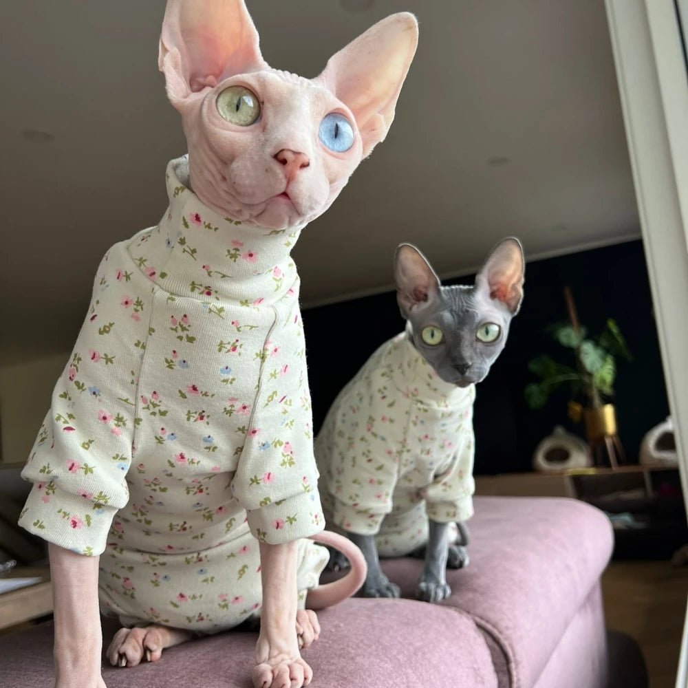 Warm Cotton Coat for Sphynx Cat Spring Soft Fabric Elestic Jumpsuit for Kittens Green Floral High-Neck Sweatshirt for Devon Rex