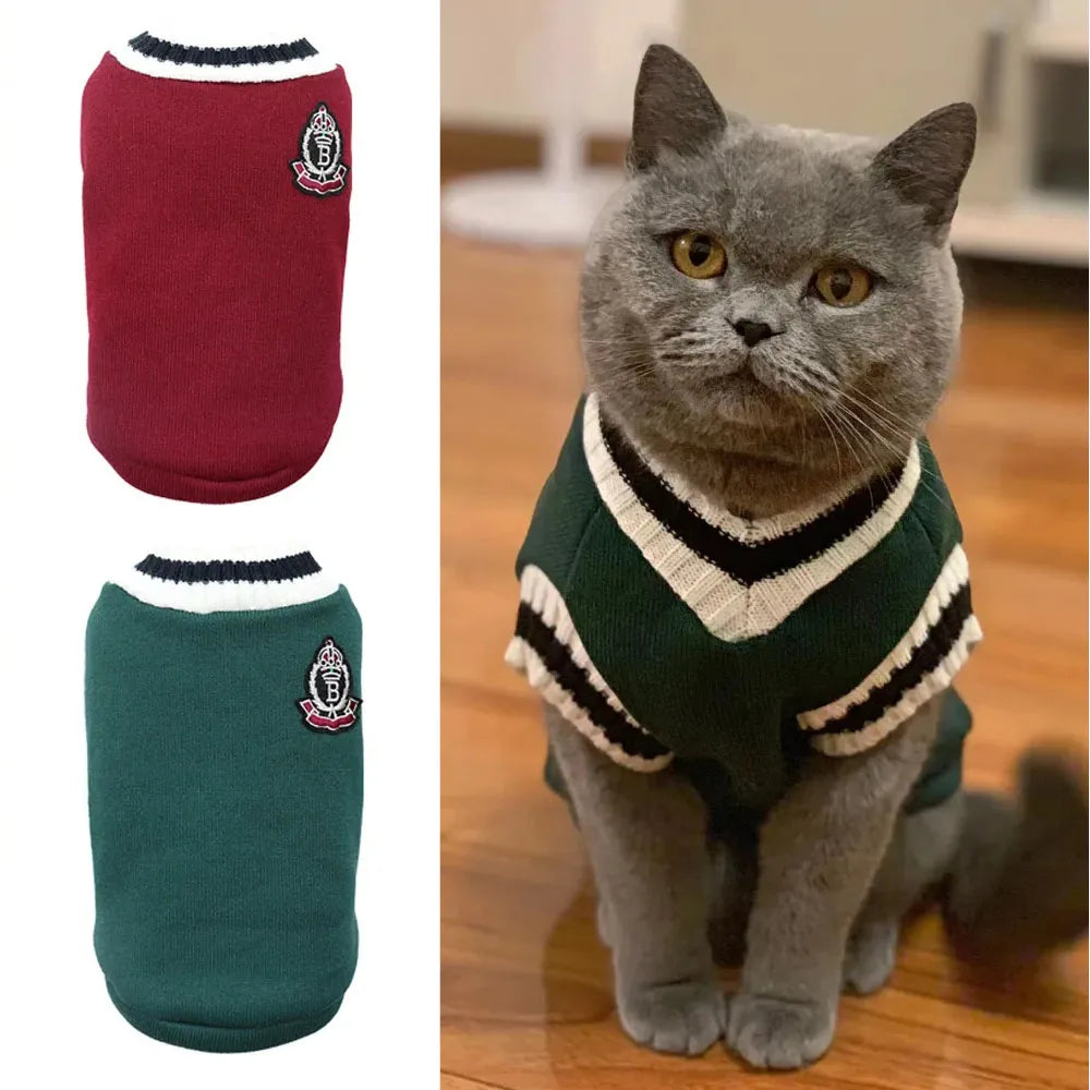 Dog Cat Sweater College Style V-neck Kitten Knitted Vest Shirt Pet Cat Puppy Winter Warm Clothes Knitwear Apparel for Small Dogs