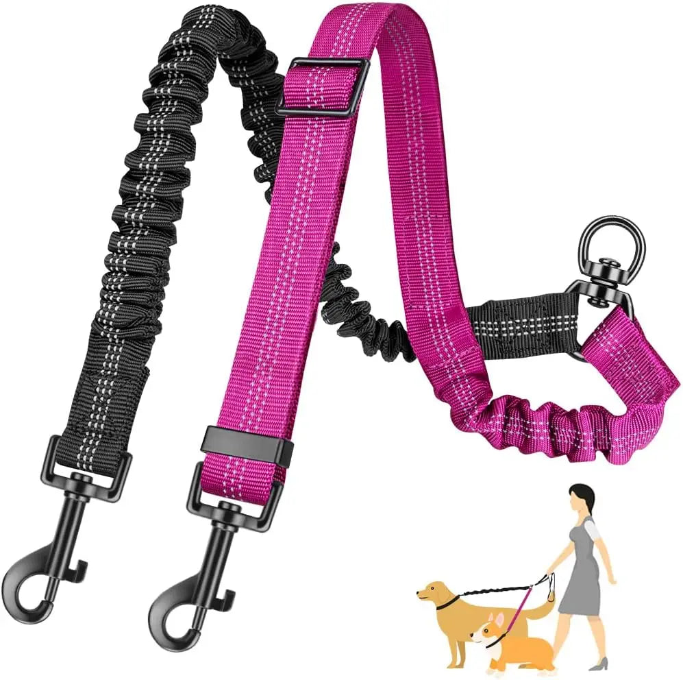 Double Dog Leash, No Tangle 360° Swivel Rotation Reflective Lead Attachment Bungee Extension Length Dual Two Dog Lead Splitter,