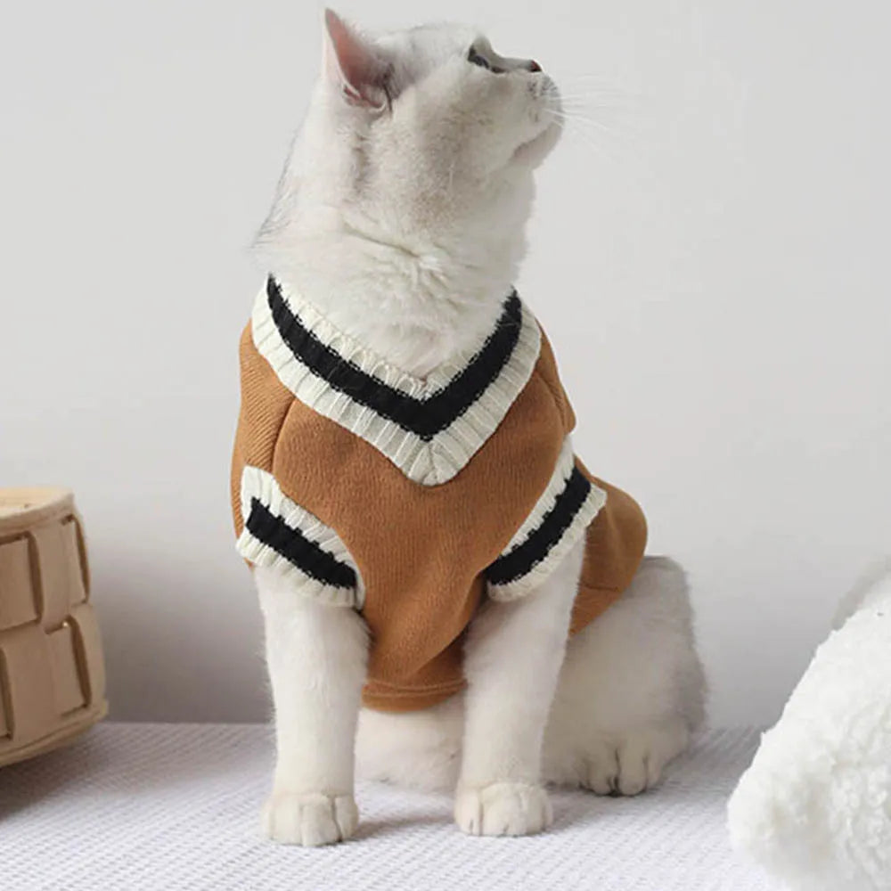 Dog Cat Sweater College Style V-neck Kitten Knitted Vest Shirt Pet Cat Puppy Winter Warm Clothes Knitwear Apparel for Small Dogs