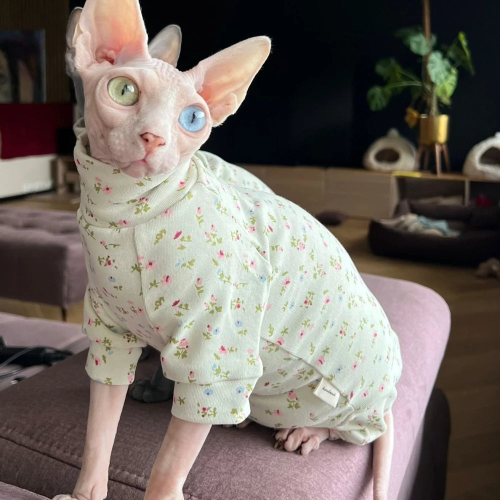 Warm Cotton Coat for Sphynx Cat Spring Soft Fabric Elestic Jumpsuit for Kittens Green Floral High-Neck Sweatshirt for Devon Rex