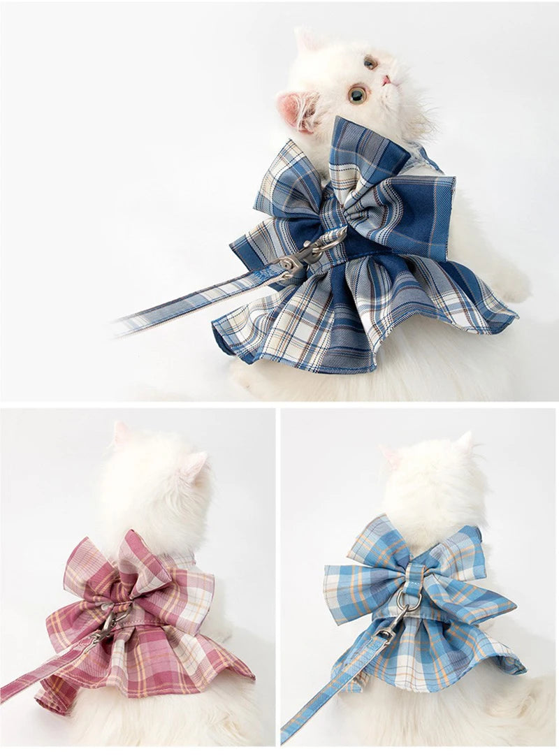 Sweet Plaid Sphynx Cat Dress Vest with Harness Leash Outdoor Pet Clothes for Cats Gotas Skirts Katten Kleding vestidos perrita