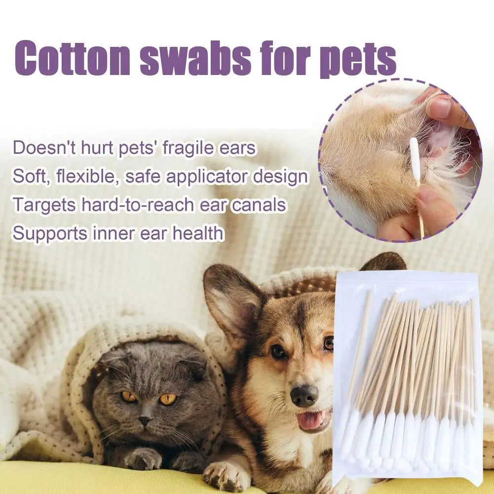 50/100Pcs Pet Ear Cleaner Cotton Buds Animal Ear Cleaner Cotton Swab Sticks Cotton Buds For Dog Cat Ear Wax Removal Pet E2W7