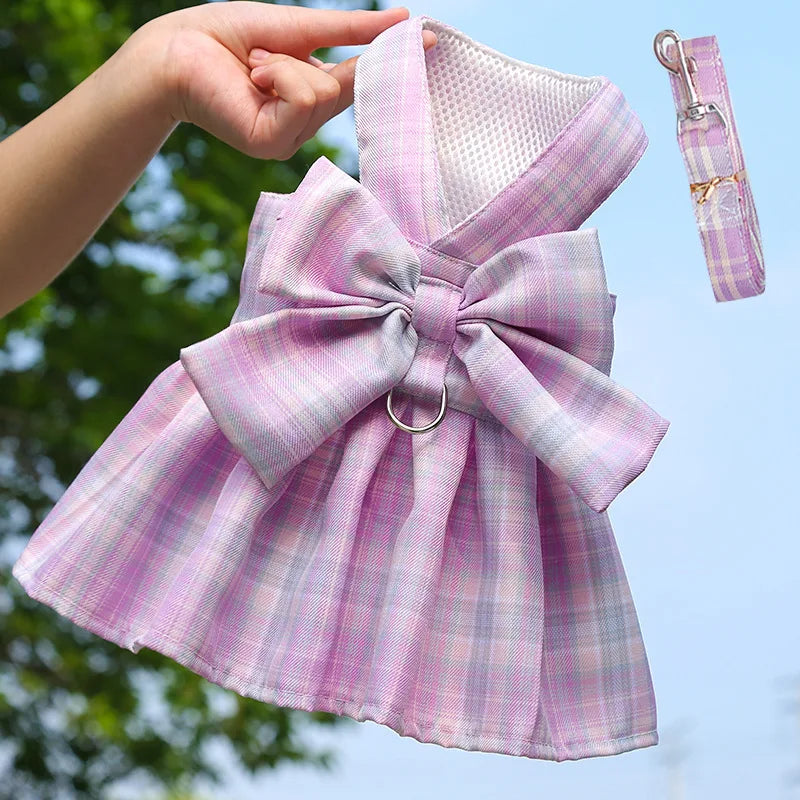 Sweet Plaid Sphynx Cat Dress Vest with Harness Leash Outdoor Pet Clothes for Cats Gotas Skirts Katten Kleding vestidos perrita