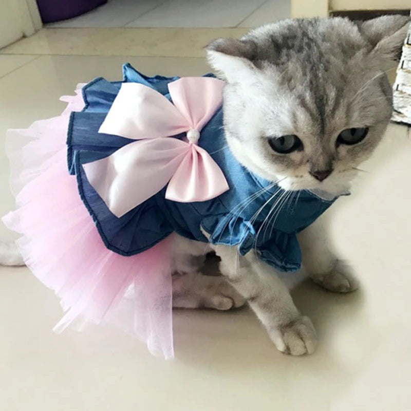 Spring Summer Pet Clothes Sweet Denim Cat Puppy Dresses for Cats Small Dogs Kitten Skirt Persian Sphynx Clothing Princess Dress