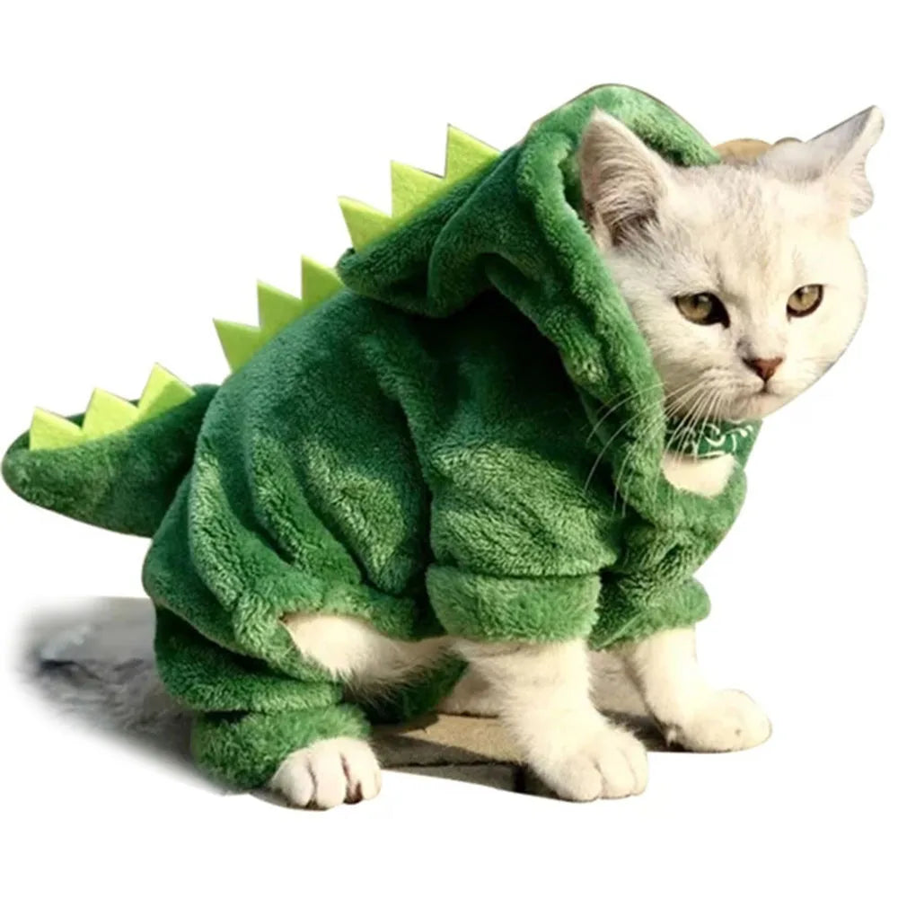 Dinosaur Dog Cat Hoodie Small Dog & Cat Winter Clothes Green Dinosaur Pet Soft Jumpsuit Cute Christmas Halloween Kitten Costume