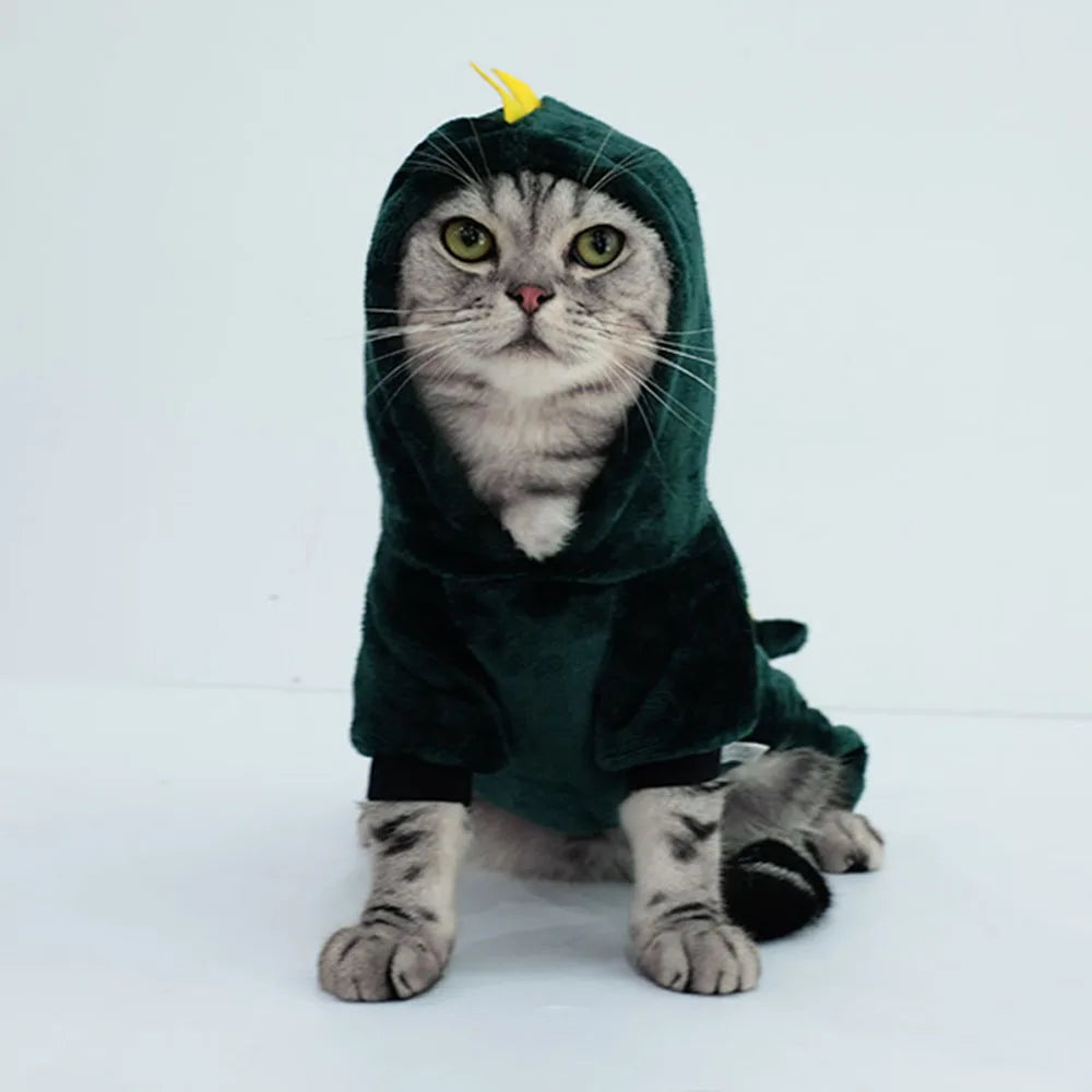 Dinosaur Dog Cat Hoodie Small Dog & Cat Winter Clothes Green Dinosaur Pet Soft Jumpsuit Cute Christmas Halloween Kitten Costume