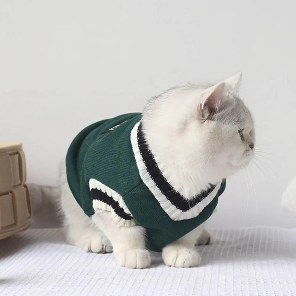 Dog Cat Sweater College Style V-neck Kitten Knitted Vest Shirt Pet Cat Puppy Winter Warm Clothes Knitwear Apparel for Small Dogs