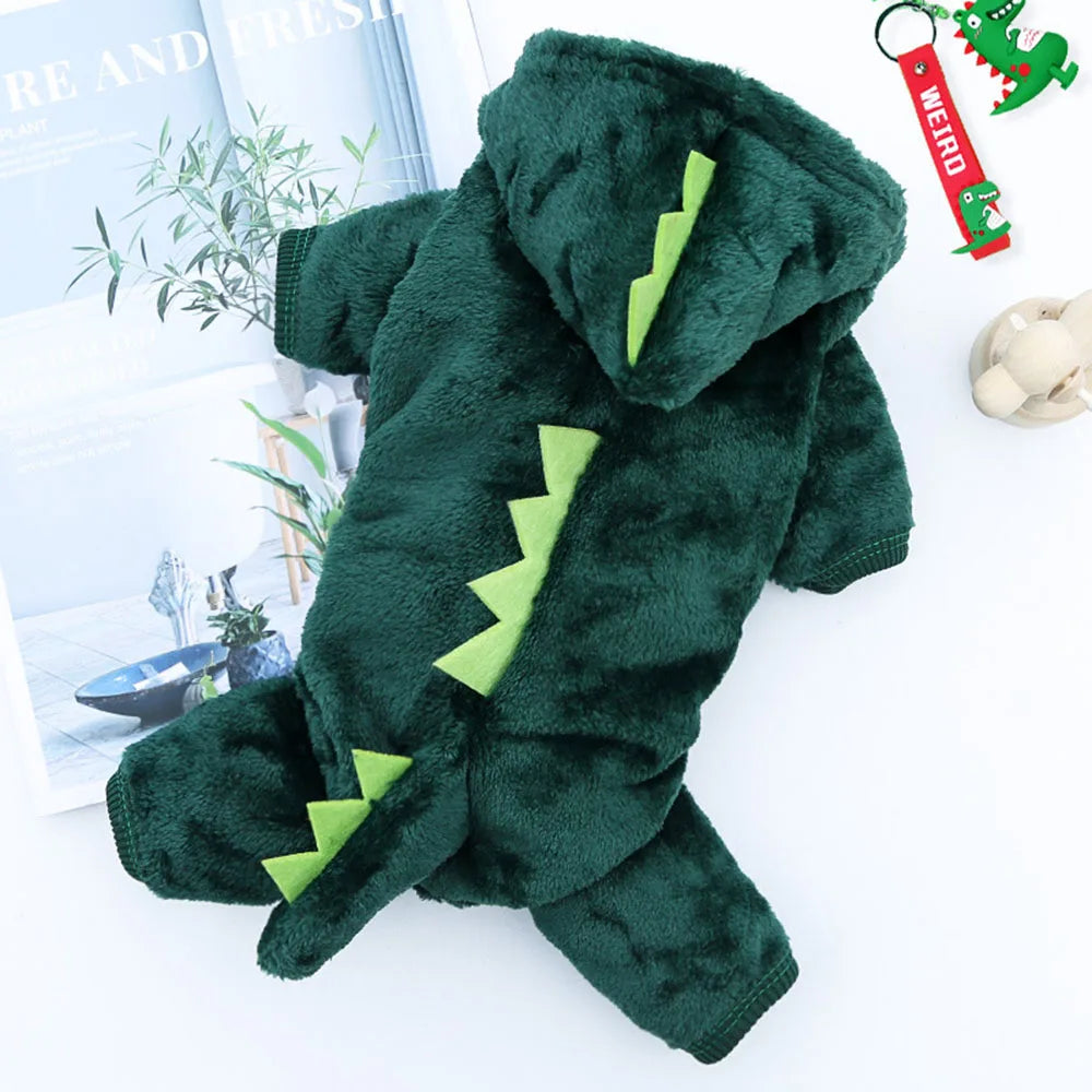 Dinosaur Dog Cat Hoodie Small Dog & Cat Winter Clothes Green Dinosaur Pet Soft Jumpsuit Cute Christmas Halloween Kitten Costume