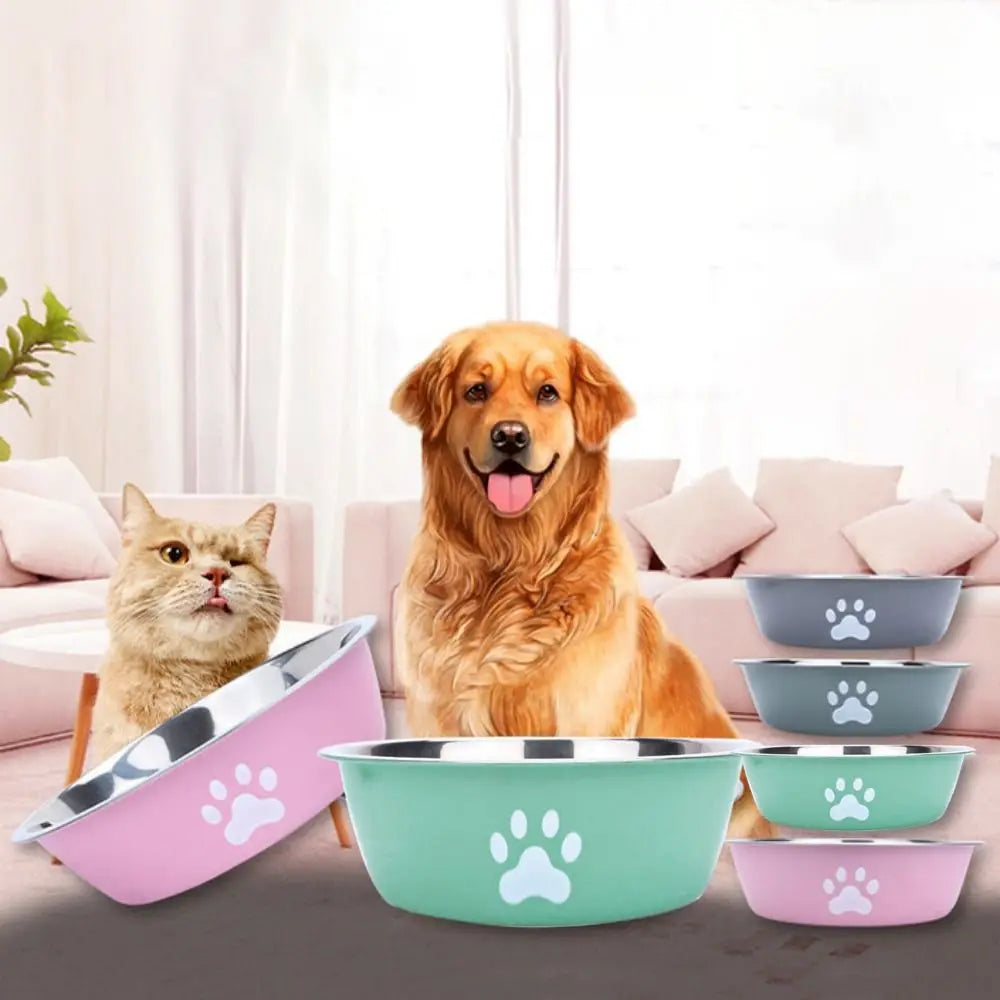 Large Capacity Stainless Steel Dog Bowl Non-slip Bilayer Dog Water Bowl Pet Feeders Cat Paw Pattern Cat Feeding Bowl Home