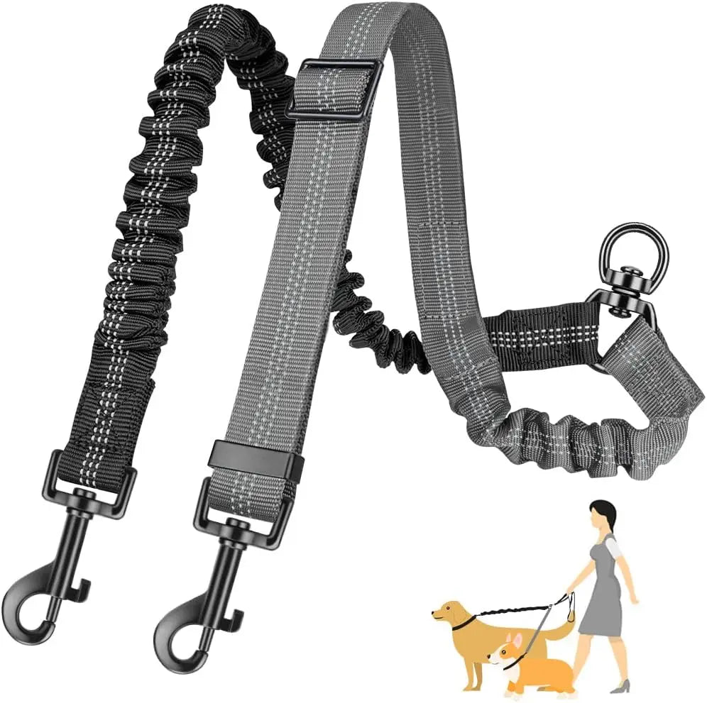 Double Dog Leash, No Tangle 360° Swivel Rotation Reflective Lead Attachment Bungee Extension Length Dual Two Dog Lead Splitter,