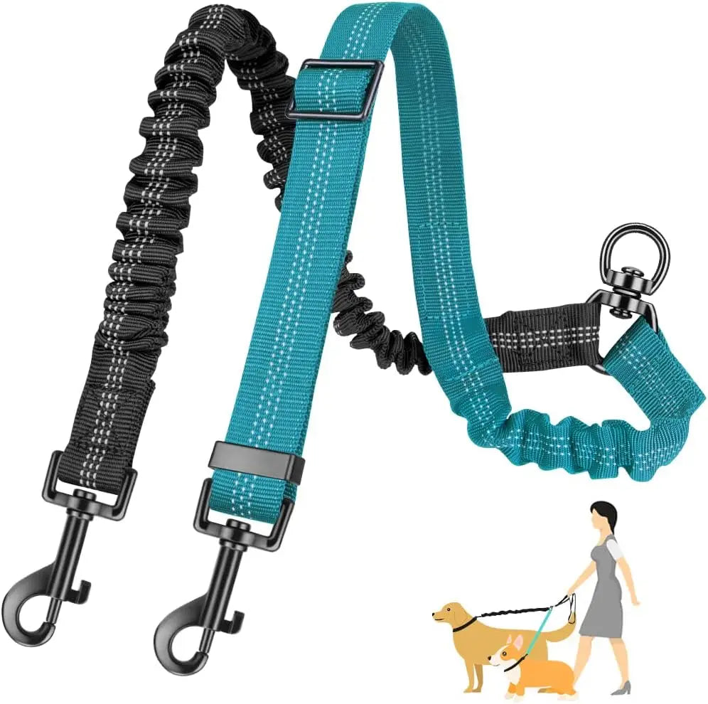 Double Dog Leash, No Tangle 360° Swivel Rotation Reflective Lead Attachment Bungee Extension Length Dual Two Dog Lead Splitter,