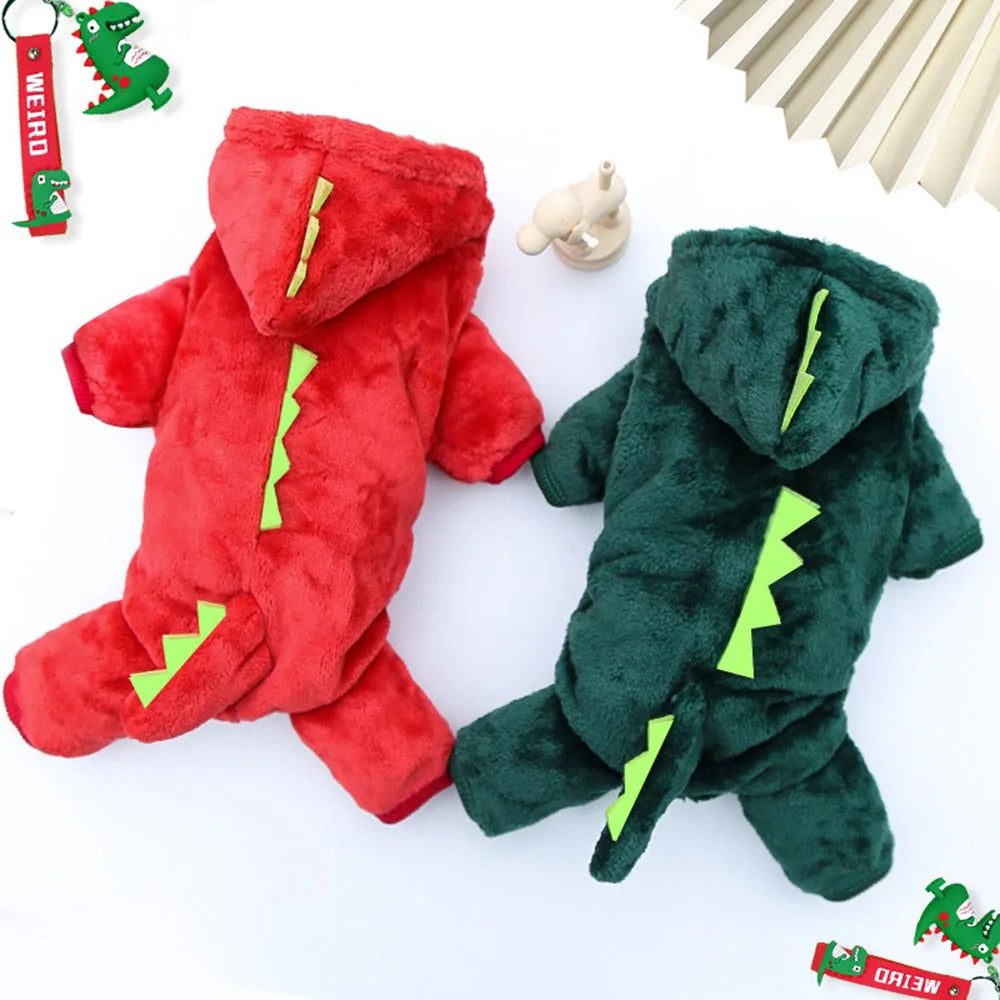 Dinosaur Dog Cat Hoodie Small Dog & Cat Winter Clothes Green Dinosaur Pet Soft Jumpsuit Cute Christmas Halloween Kitten Costume