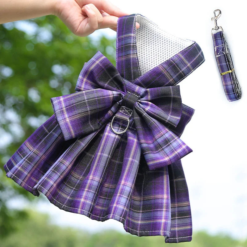 Sweet Plaid Sphynx Cat Dress Vest with Harness Leash Outdoor Pet Clothes for Cats Gotas Skirts Katten Kleding vestidos perrita