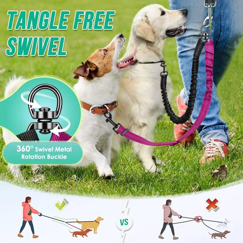 Double Dog Leash, No Tangle 360° Swivel Rotation Reflective Lead Attachment Bungee Extension Length Dual Two Dog Lead Splitter,